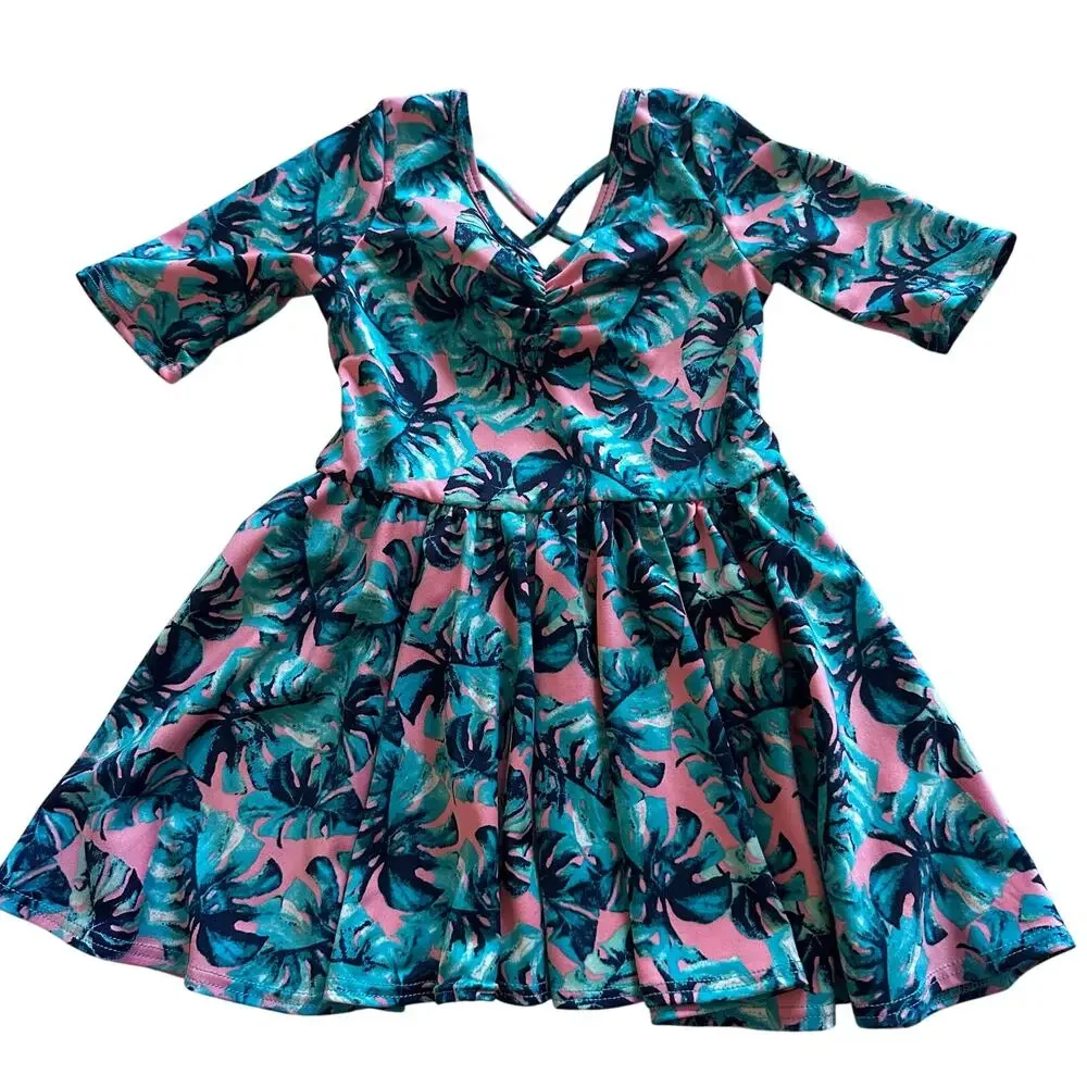 Dot Dot Smile Pink & Teal Palm Leaf Ballerina Dress - 2T